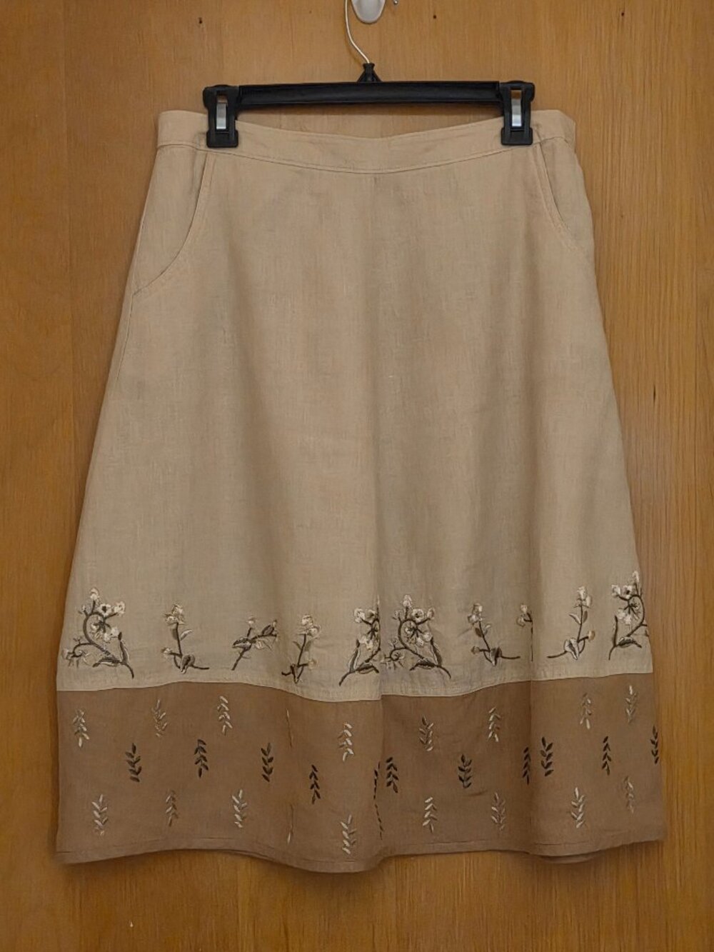 Vintage J Jill Tan Brown Womens 8 100% Linen Embroidered Midi Skirt Boho Y2K